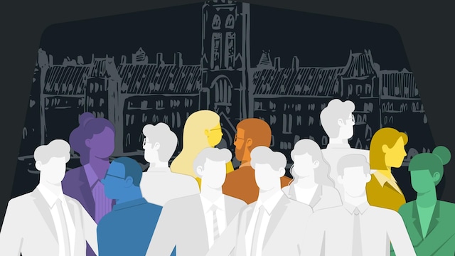 Une illustration montrant une diversité de personnages devant le Parlement canadien