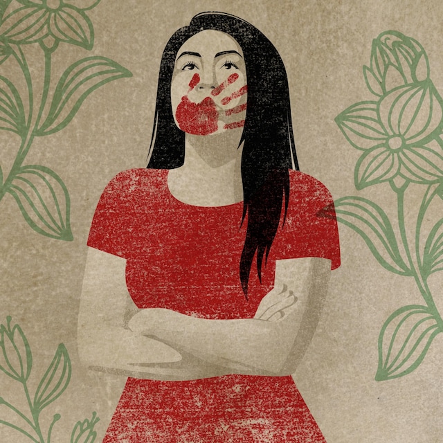 Une illustration d'une femme avec une main rouge peinte sur l;e visage.