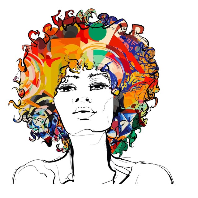 رسم لرأس امرأة سوداء شعرها متعدد الألوان.