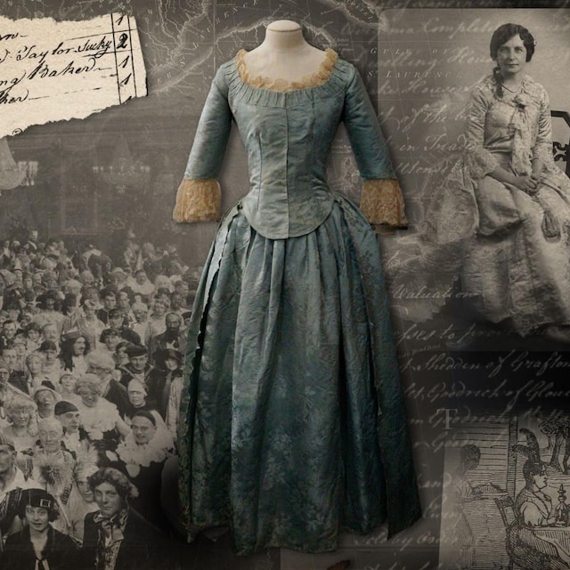 Composite image of a gown and archive photographs and portraiture.