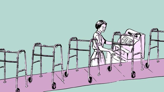 Illustration d'une caissière qui encaissent des marchettes qui défilent sur un tapis roulant.