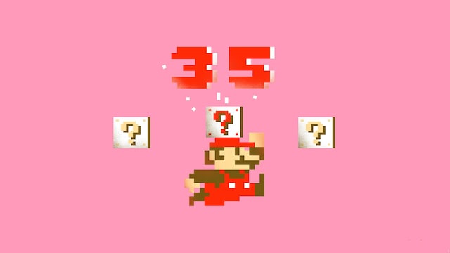 Collage visuel de Mario en train de sauter avec le chiffre 35 au-dessus de sa tête.