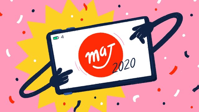 Illustration d'un téléphone mobile qui affiche le logo de MAJ et l'année 2020.