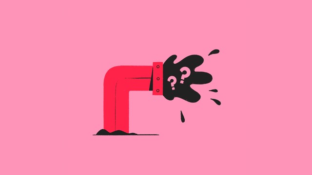 Un tuyau sort du sol. De ce tuyau, un liquide noir (vraisemblablement du pétrole) gicle. On voit deux points d'interrogation dans le pétrole.