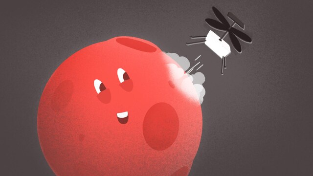 Illustration d'Ingenuity atterrissant sur la planète Mars.