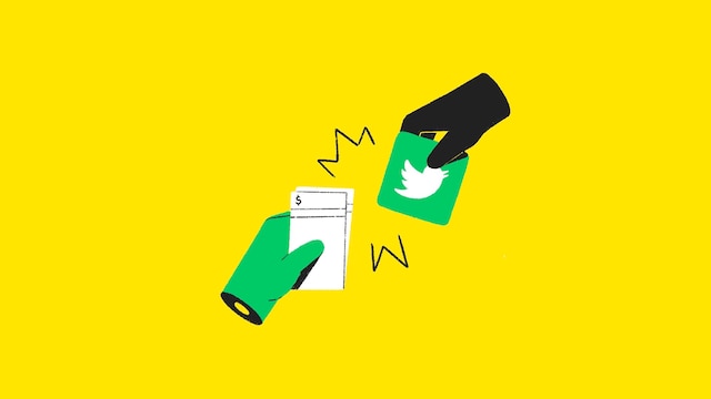 Une illustration montre 2 mains. Une tend deux billets de banque et l'autre tend le logo de Twitter.