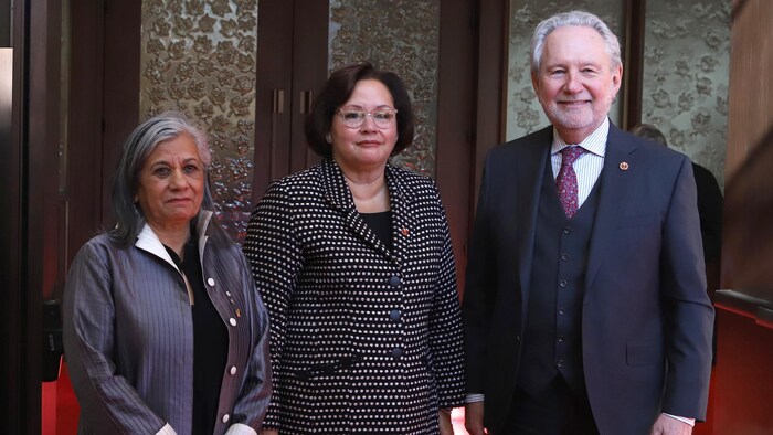 La senadora canadiense Rosemary Moodie, al centro, es la copresidenta del grupo parlamentario negro. A su izquierda estál a senadora Ratna Omidvar y a su derecha el senador Peter Harder.