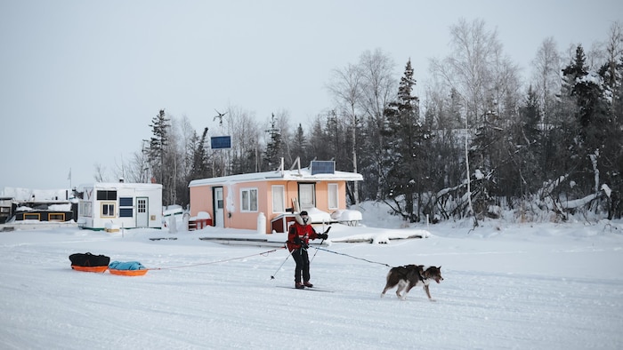 une femme en ski avec un chien
