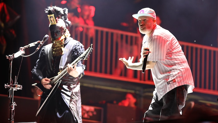 Fred Durst chante au micro à côté de Wes Borland jouant de la guitare dans un costume de scène élaboré.
