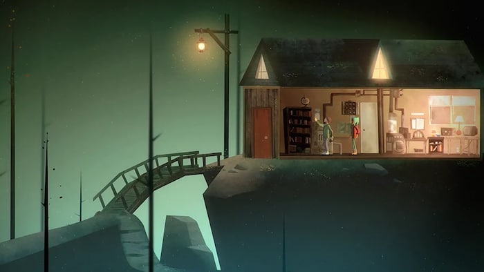 Deux personnages de jeux vidéo dans une maison la nuit. 