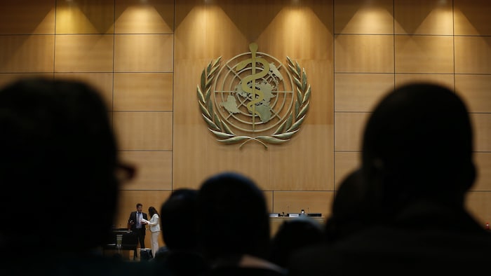 Le logo de l'Organisation mondiale de la santé au siège social européen de l'ONU, à Genève.