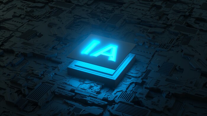 Un logo de l'intelligence artificielle en lumière bleue sur un fond sombre.