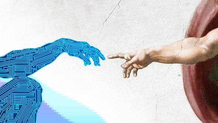 Una mano, tomada de un cuadro emblemático de Miguel Ángel, toca la mano de un robot.