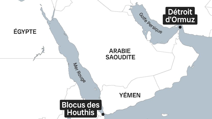 Une carte montre l'emplacement d'un blocus maritime des Houthis à l'embouchure de la mer Rouge.