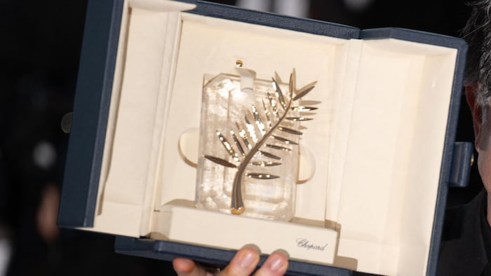Une main tient un coffret dans lequel se trouve la Palme d'or.