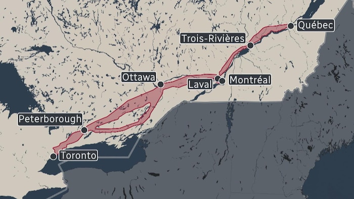 Une carte montre les villes où s'arrêterait le TGV et le corridor envisagé pour son tracé.