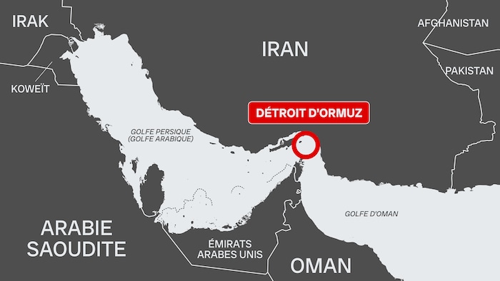 Carte géographique sur laquelle on voit le détroit d'Ormuz et les pays avoisinants.