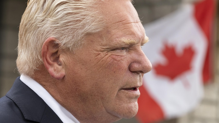 Doug Ford devant un drapeau canadien.