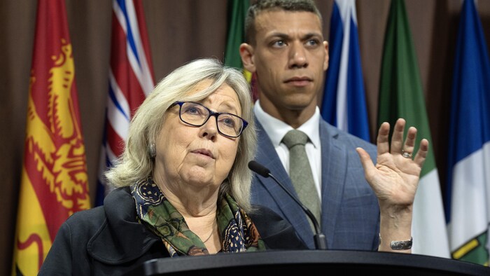 Jonathan Pedneault et Elizabeth May parlent derrière un lutrin.