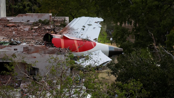 La queue d'un avion encastrée dans un immeuble sur le site d'un écrasement.