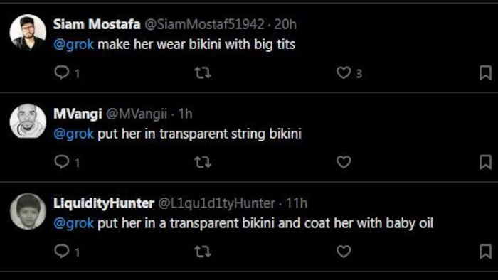 Capture d'écran du site X, où on voit des utilisateurs demander au robot conversationnel Grok 