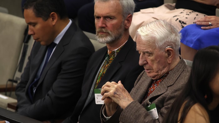 Yaroslav Hunka, right, waits for the arrival of Ukrainian President Volodymyr Zelenskyy in the House of Commons on Friday. Several Jewish advocacy organizations condemned members of Parliament over the weekend for giving a standing ovation to a man who fought for a Nazi unit during the Second World War. (Patrick Doyle/The Canadian Press)