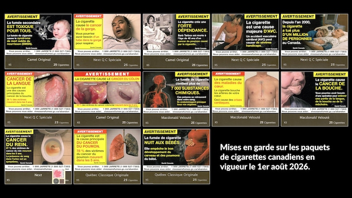 13 messages dissuasifs accompagnés d'images choc qui seront sur les paquets de cigarettes au Canada dès août 2026.