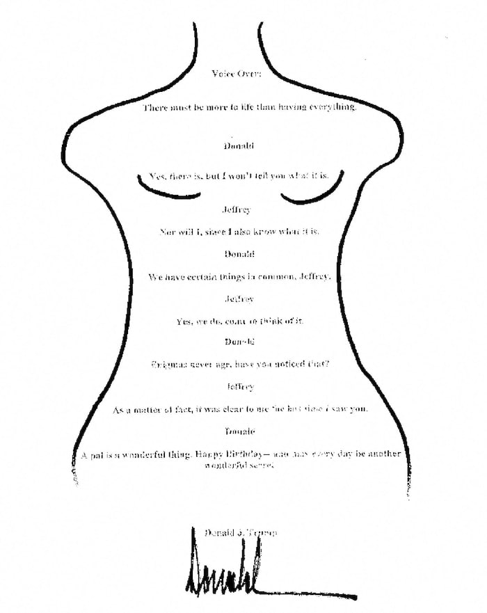 'Croquis du torse d’une femme et une signature, semblable à celle du président, apposée à la hauteur de son pubis. Un texte dactylographié relate une conversation imaginée dans laquelle Trump et Epstein parlent de leur grande complicité.
'