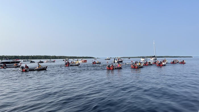 Des nageurs dans l'eau entouré de bâteaux.