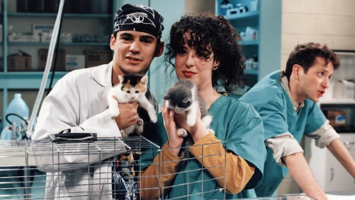 À la clinique vétérinaire, Michel Arsenault (Robin Aubert) et Marjolaine Tremblay (Annick Beaulne) tiennent des chatons dans
leurs mains tandis que le docteur Louis Martineau (Robert Brouillette) est debout derrière eux, appuyé à un comptoir.