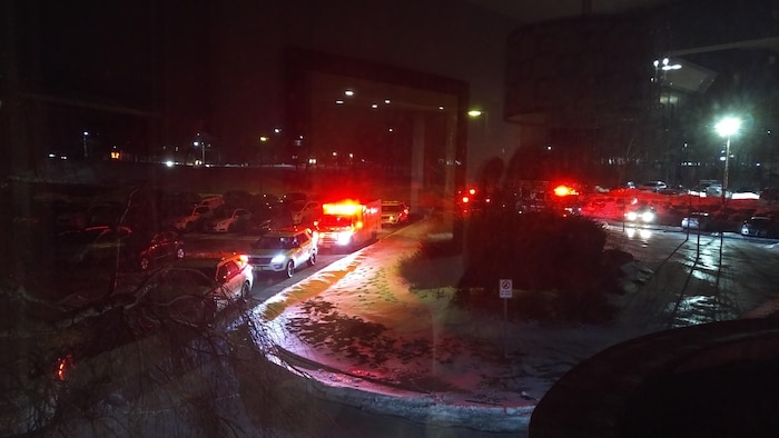 Le soir, une ambulance aux phares allumés et trois véhicules de police devant un espace gazonné devant un immeuble résidentiel.