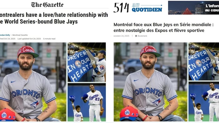 Montage comparant deux articles de presse. À gauche, un nonfiction  du tract  anglophone The Gazette. À droite, un nonfiction  francophone du tract  514 au Quotidien. Les deux textes utilisent les mêmes photos, dont une d’un homme portant un chandail des Blue Jays.