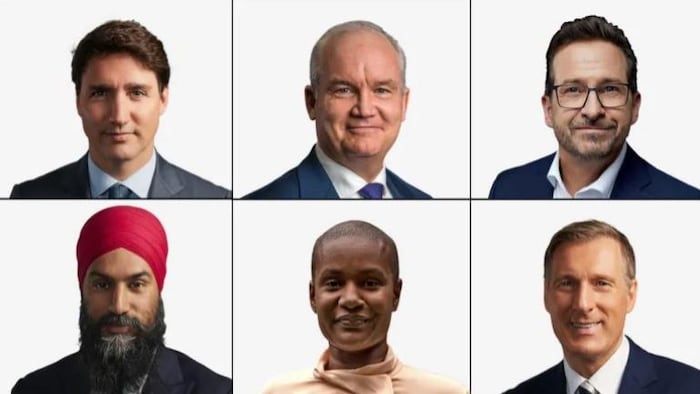 加拿大联邦大选中的六位政党领袖。上排从左至右：自由党领袖贾斯汀·特鲁多、保守党领袖艾林·奥图尔、魁北克党团领袖伊夫-弗朗索瓦·布兰切特 。下排从左至右：新民主党领袖贾格米特·辛格、绿党领袖安娜米·保罗 、以及人民党领袖马克西姆·贝涅尔。