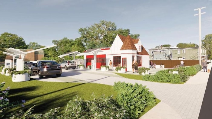 Une illustration idyllique d'une petite structure des années 1930, rénovée et embellie de portes de garage rouges, avec des automobiles électriques, des vélos, des plantes vertes et des individus figés sur place.