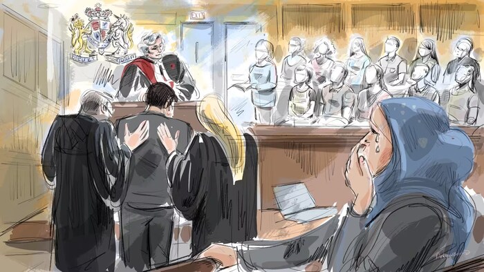 Croquis représentant le verdict du jury rendu dimanche. Umar Zameer, à gauche, entre ses avocats et son épouse, à l’extrême droite, a fondu en larmes à l’annonce de son acquittement.