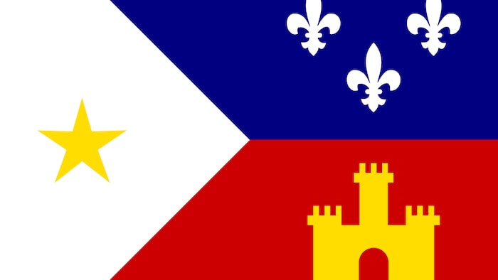 Une image du drapeau de la minorité francophone de Louisiane, composé d'une pointe blanche ornée d'une étoile jaune sur la partie gauche, d'une part bleue ornée de trois fleurs de lys dans le coin supérieur droit et d'une part rouge ornée d'un château jaune dans le coin inférieur droit.