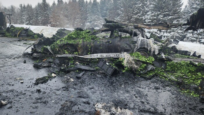 Une voiture calcinée sur le bord du chemin et recouverte d’épinard. 