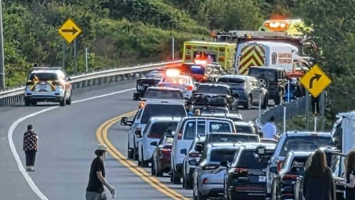 Des ambulances et une file de voiture sur la route.