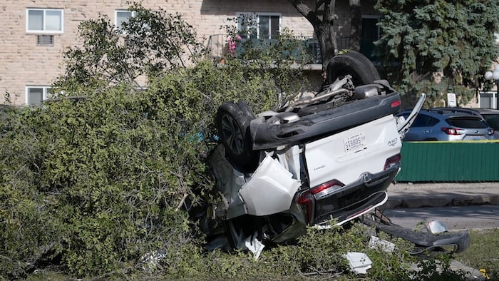 Un Honda CV-R de 2022 retourné et bloqué dans un arbre après un accident à Winnipeg.
