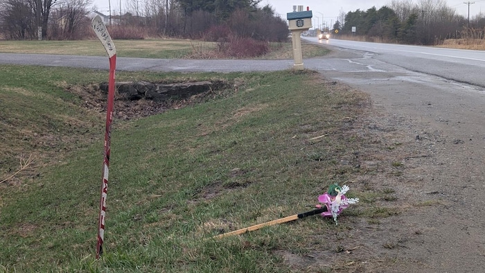 Des fleurs posées près d'un bâton de hockey.