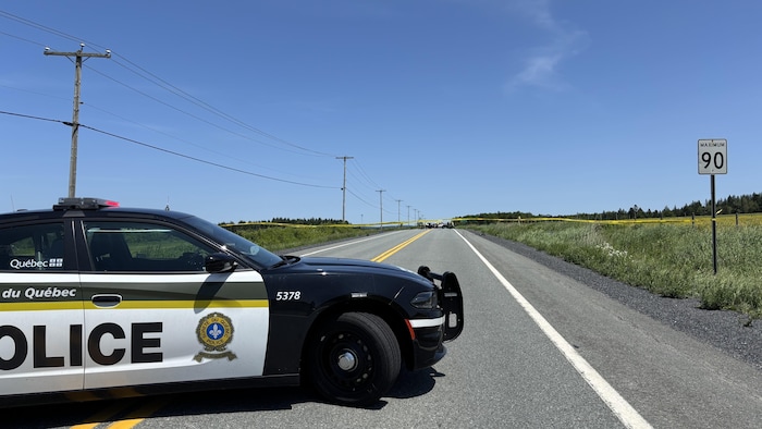 Une voiture de police devant une route.