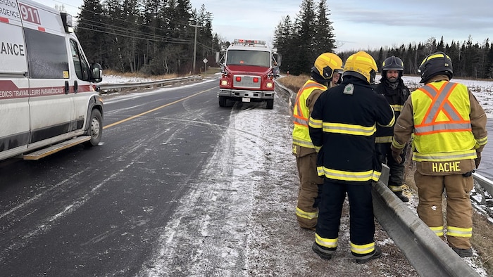 De pompiers avec leur et une ambulance se trouvent sur le bord d'une route. 