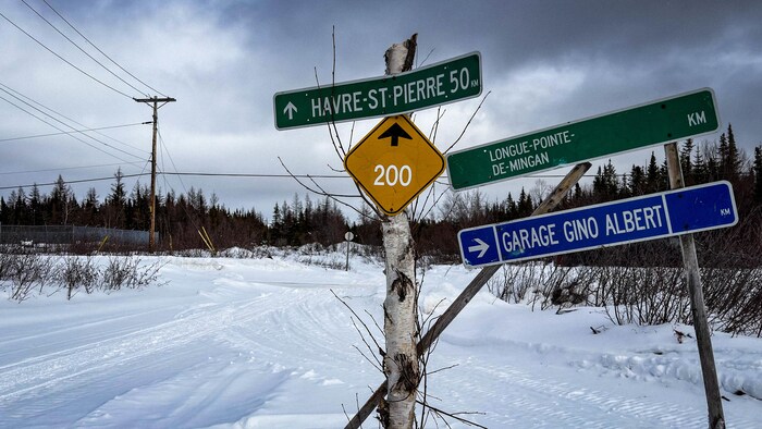 Des pancartes de direction d'un sentier de motoneige en hiver.