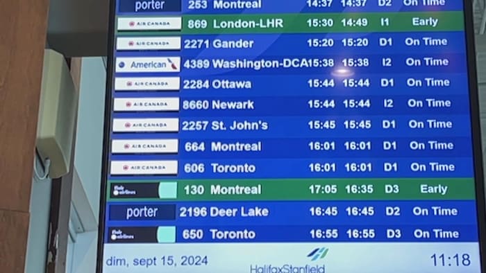 Un écran sur lequel sont indiqués les statuts des vols pour des destinations comme Londres, Washington et Toronto.