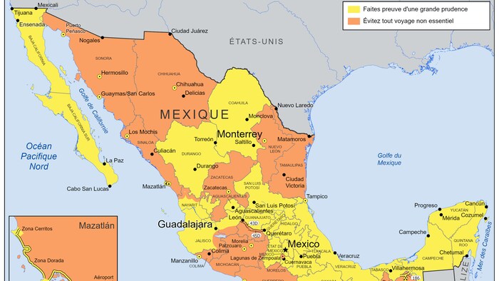 Une carte du Mexique qui montre les régions à éviter.
