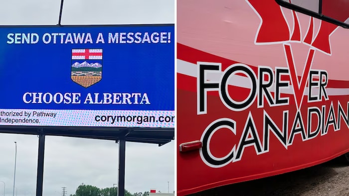 Deux images montrant des messages séparatistes et fédéralistes en vue du référendum du 19 octobre 2026 en Alberta.