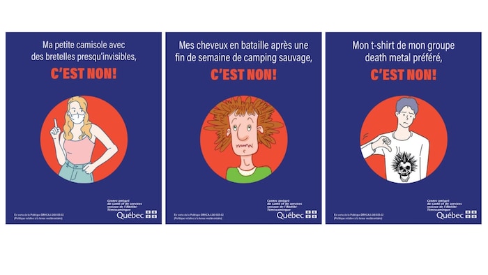 Des affiches avec des dessins montrant les tenues non autorisées.