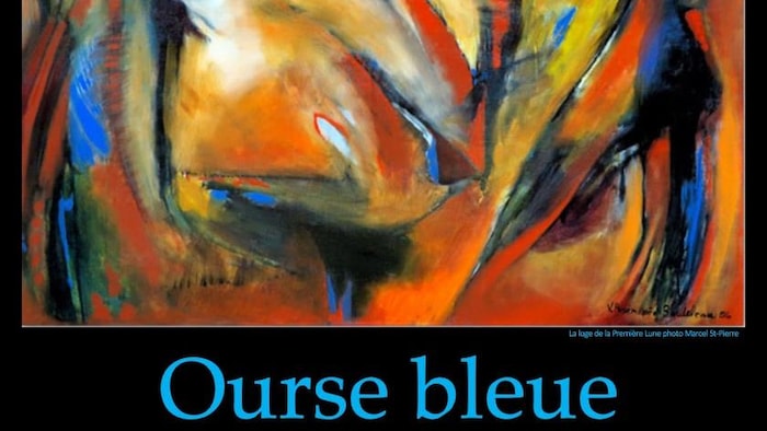 Des couleurs abstraite en peinture et le titre Ourse bleue, affiche du film documentaire sur Virginia Pesemapeo Bordeleau