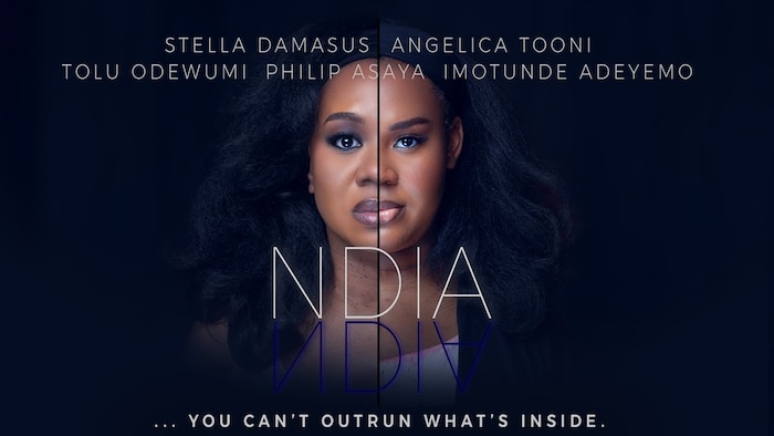 Affiche du film Ndia de l'artiste et réalisatrice nigérianne, Stella Damasus sur laquelle il y a une femme qui semble avoir en montage la face coupée en deux, une aprtie plus naturelle que l'autre.