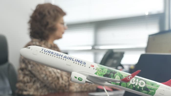 Foreign plane in front of a woman working in his office in the foreground.